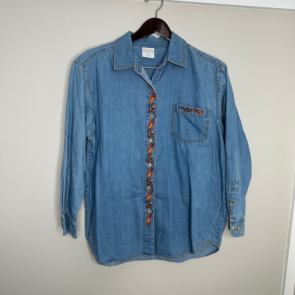 Style Studio Women's 1X Denim Shirt Embroidered Long Sleeve‎ Button Up Cotton
